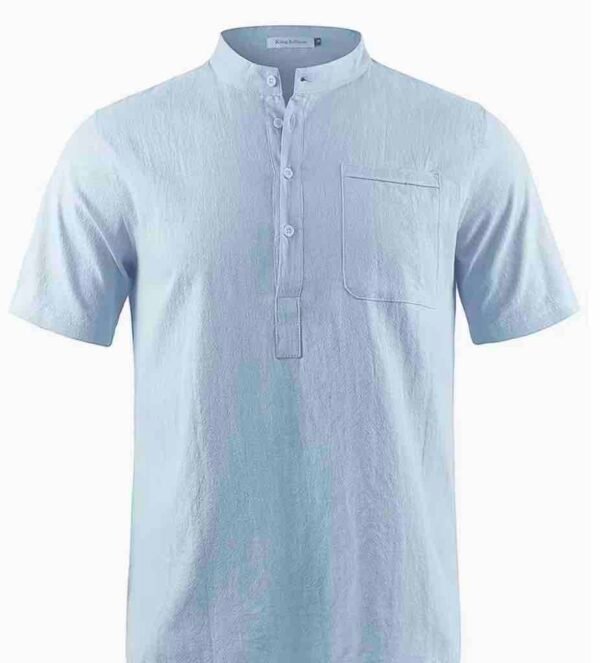 Men's Lightweight Breathable Cotton-Cotton and linen Short Sleeve Shirt (Light Blue)