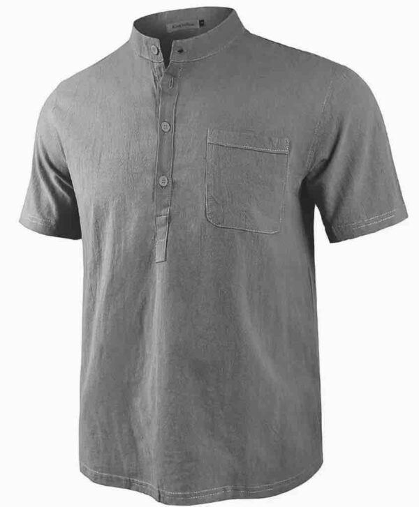Men's Lightweight Breathable Cotton-Cotton and linen Short Sleeve Shirt - Grey Collar