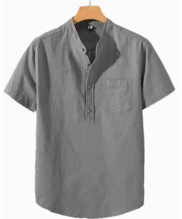 Men's Lightweight Breathable Cotton-Cotton and linen Short Sleeve Shirt - Grey Collar