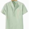 Men's Lightweight Breathable Cotton-Cotton and linen Short Sleeve Shirt (Light Green)