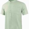 Men's Lightweight Breathable Cotton-Cotton and linen Short Sleeve Shirt (Light Green)
