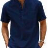 Men's Lightweight Breathable Cotton-Cotton and linen Short Sleeve Shirt - Navy Blue Color