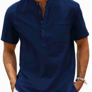 Screenshot Men's Lightweight Breathable Cotton-Cotton and linen Short Sleeve Shirt - Navy Blue Color
