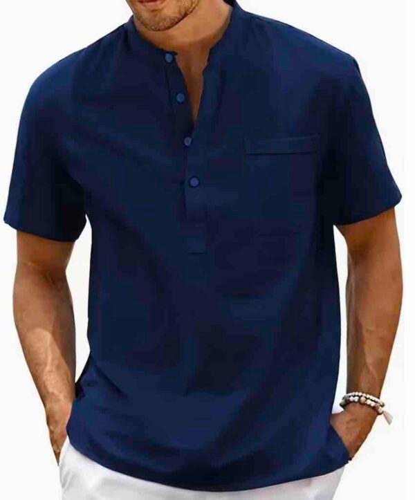 Men's Lightweight Breathable Cotton-Cotton and linen Short Sleeve Shirt - Navy Blue Color