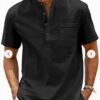 Men's Lightweight Breathable Cotton-Cotton and linen Short Sleeve Shirt - Space Black Color