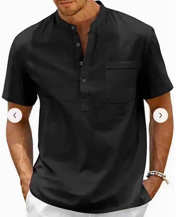 Men's Lightweight Breathable Cotton-Cotton and linen Short Sleeve Shirt - Space Black Color