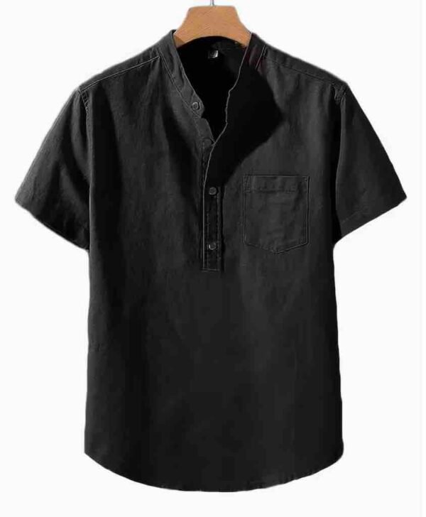 Men's Lightweight Breathable Cotton-Cotton and linen Short Sleeve Shirt - Space Black Color