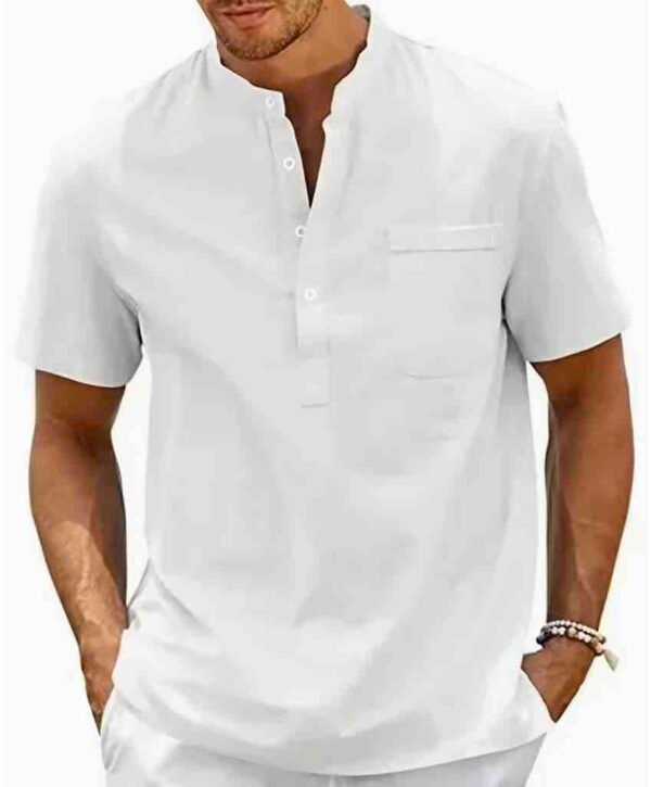 Men's Lightweight Breathable Cotton-Cotton and linen Short Sleeve Shirt - White Color